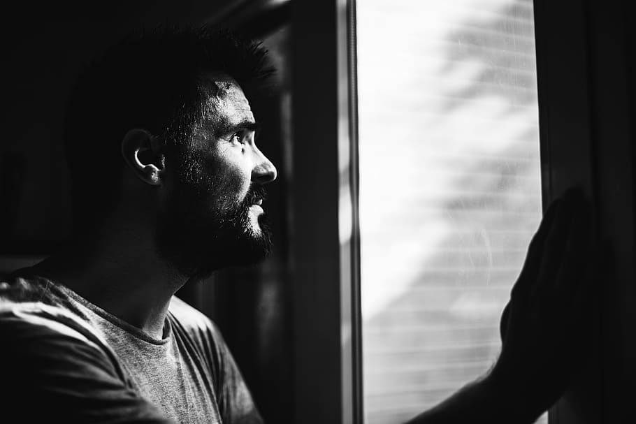 HD wallpaper: Greyscale Photo of Man Looking Through Window, black