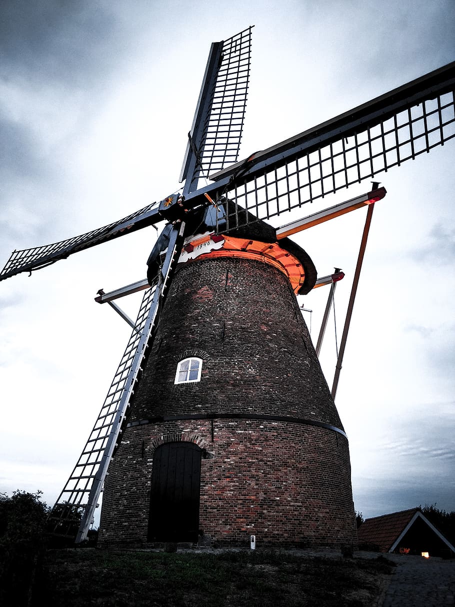 wheel, sky, windmill, white, cloud, black, details, urban, dark HD wallpaper
