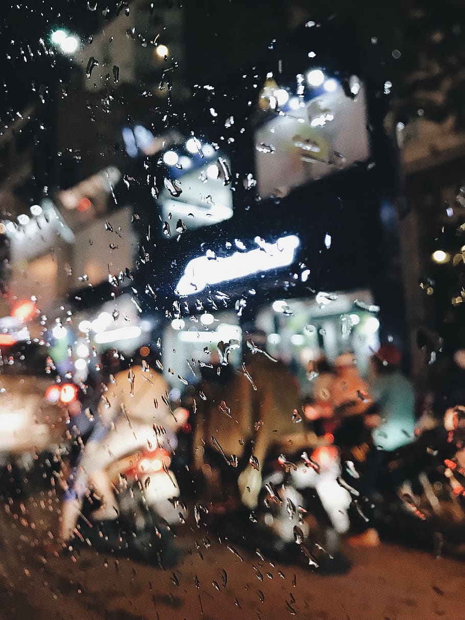 rain, street, wet, drop, glass - material, transparent, night HD wallpaper