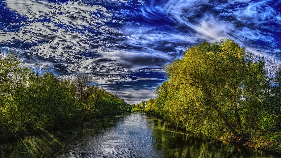 River Surrounded by Trees, beautiful, blue, clouds, cloudscape HD wallpaper