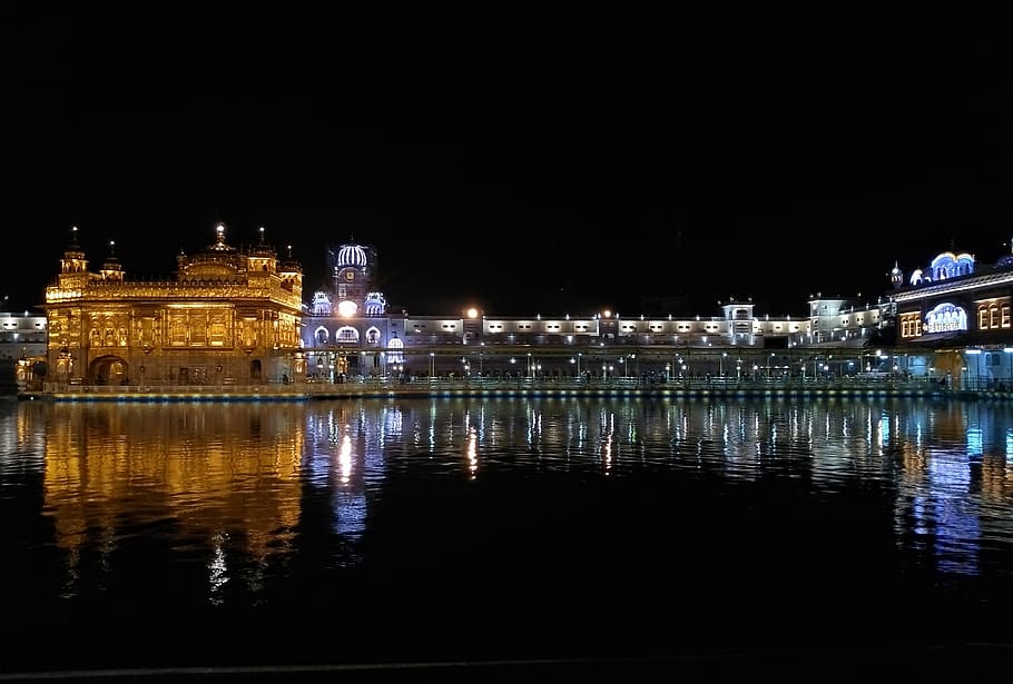 india, amritsar, night, illuminated, reflection, water, architecture HD wallpaper