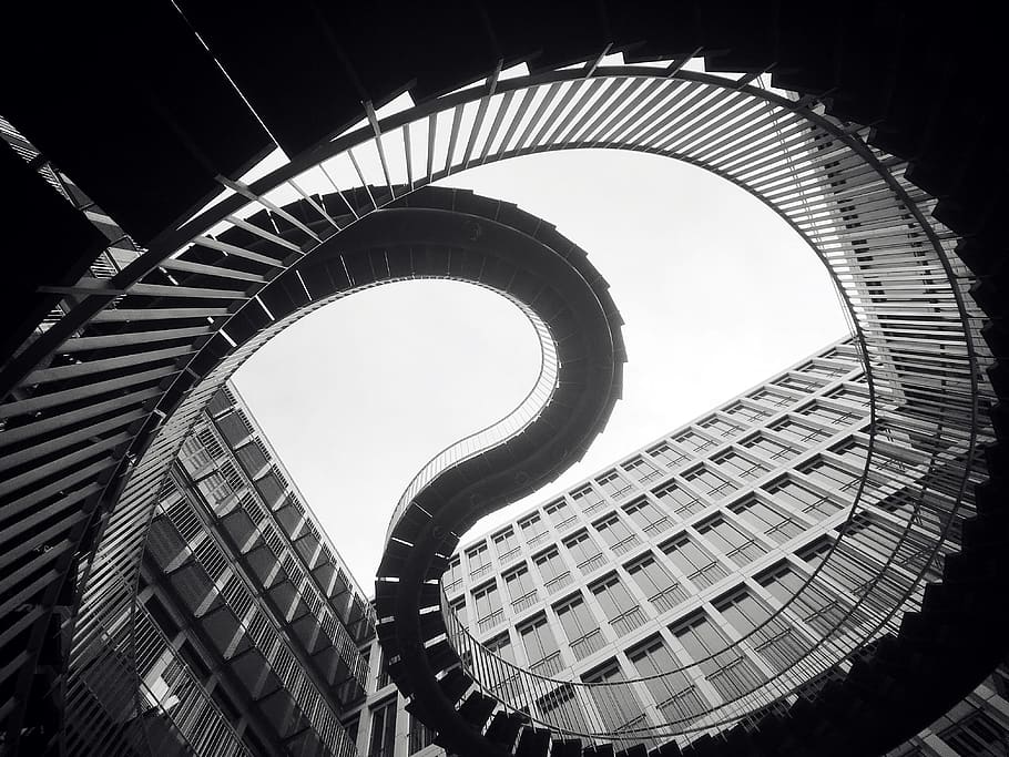grascale photo of spiral stairs, kpmg, münchen, germany, stairwell, HD wallpaper