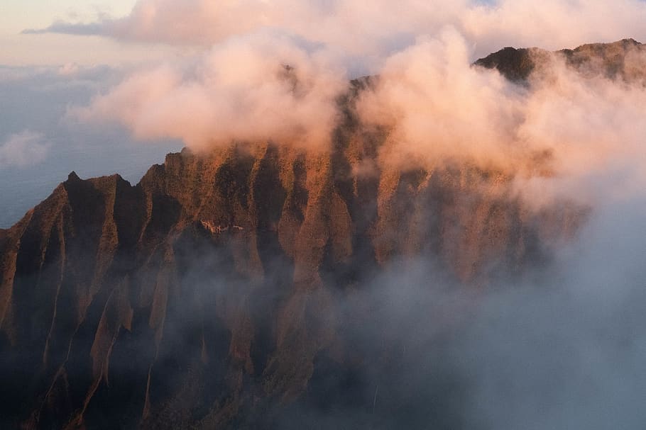 brown mountain and clouds, environment, forest, land, sky, fog HD wallpaper