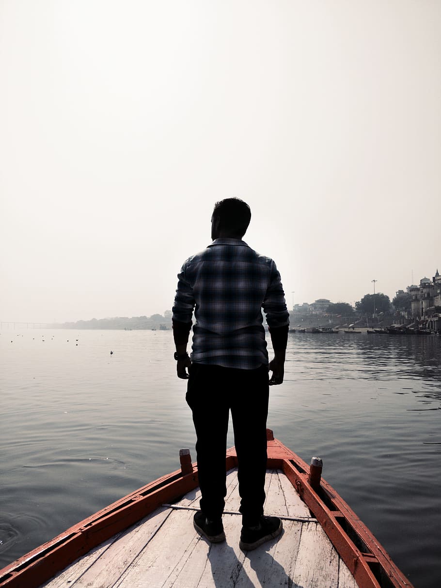 Man Standing On Wooden Boat, fisherman, india, lake, leisure