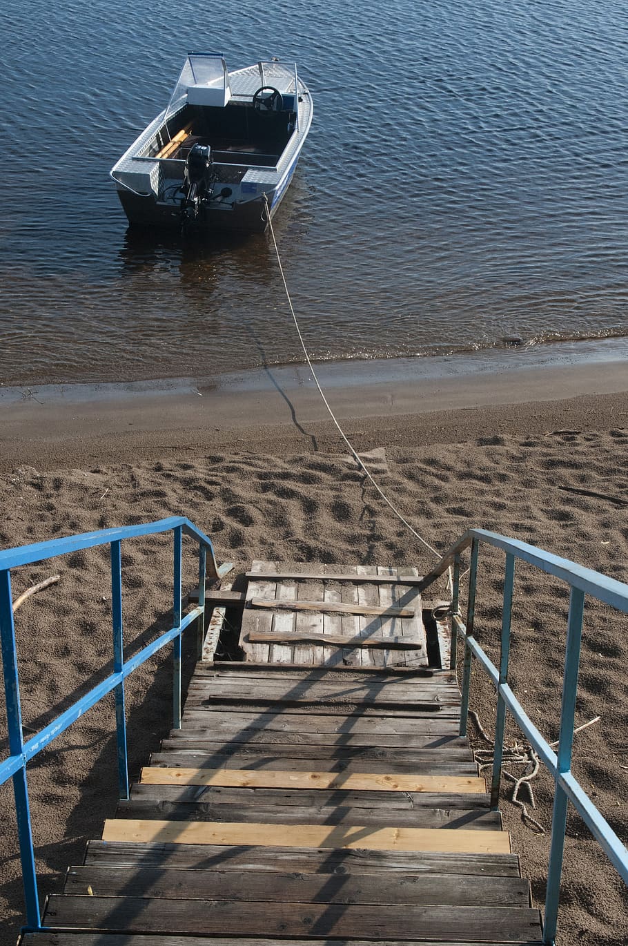 river, ladder, boat, for, sand, beach, water, rope, railing HD wallpaper
