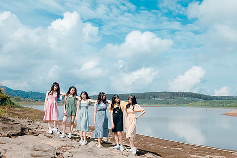 HD wallpaper: Six Women Standing By The Lake, clouds, friends, girls,  people | Wallpaper Flare