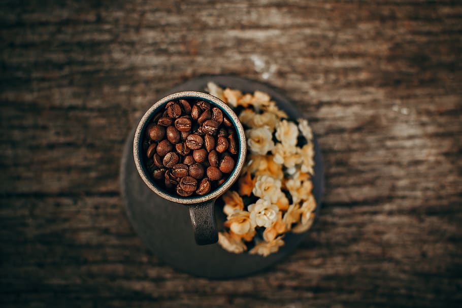 Brown Coffee Beans in Cup on Top of Doily, aromatic, caffeine HD wallpaper