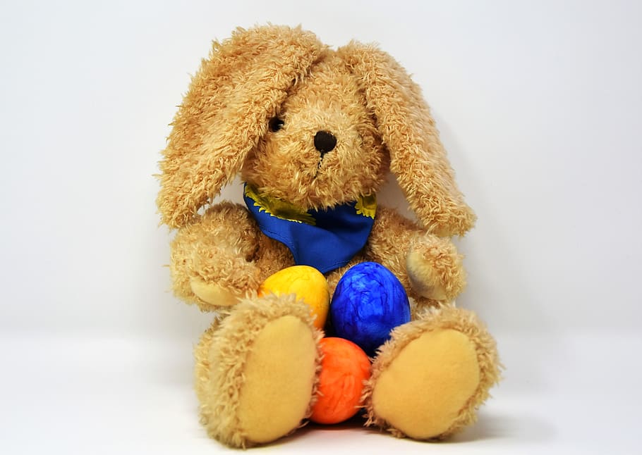 hare, easter bunny, plush bunny, easter eggs, colored, colorful HD wallpaper
