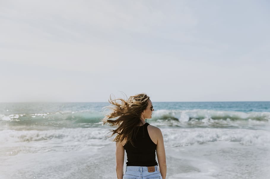 sea, water, land, beach, horizon, hair, horizon over water HD wallpaper