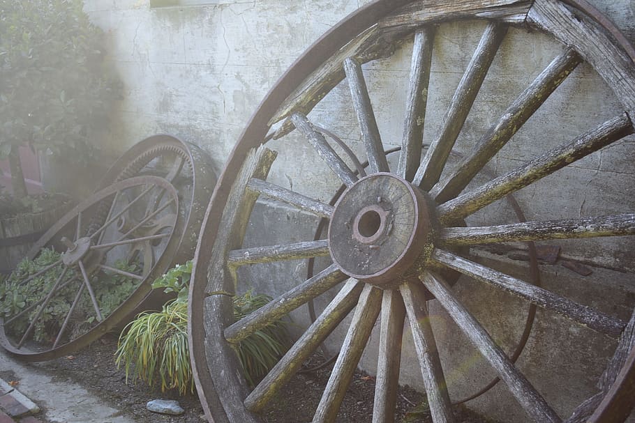 Gray Multi-spoke Wheel Leaning on Wall, ancient, antique, art
