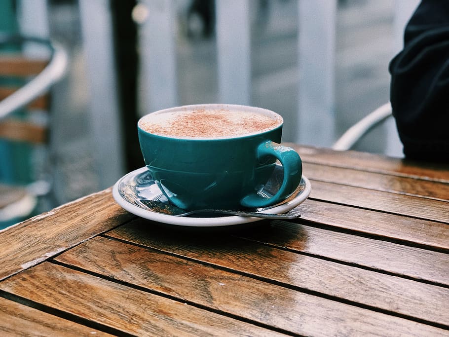 blue ceramic teacup on table, pottery, saucer, coffee cup, human HD wallpaper