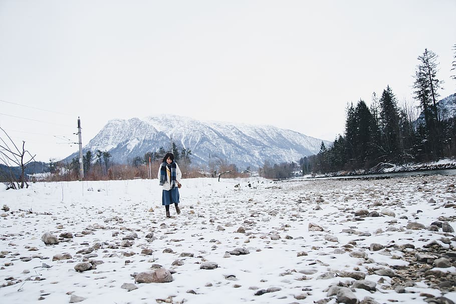 Woman Standing on Snow Field, cold, daylight, daytime, environment HD wallpaper