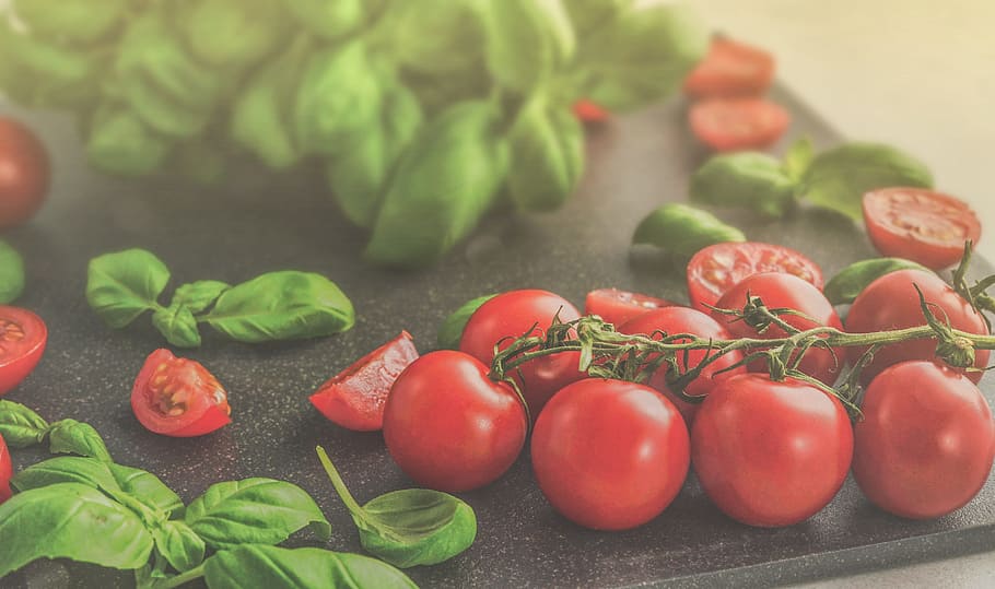 Photo of Tomatoes Near Green Leaves, 4k wallpaper, basil, blur HD wallpaper