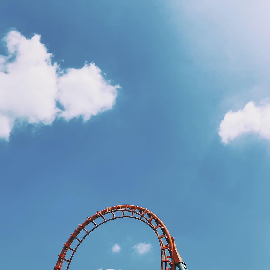 Red Roller Coaster, blue sky, fairground, loop, rollercoaster, HD wallpaper