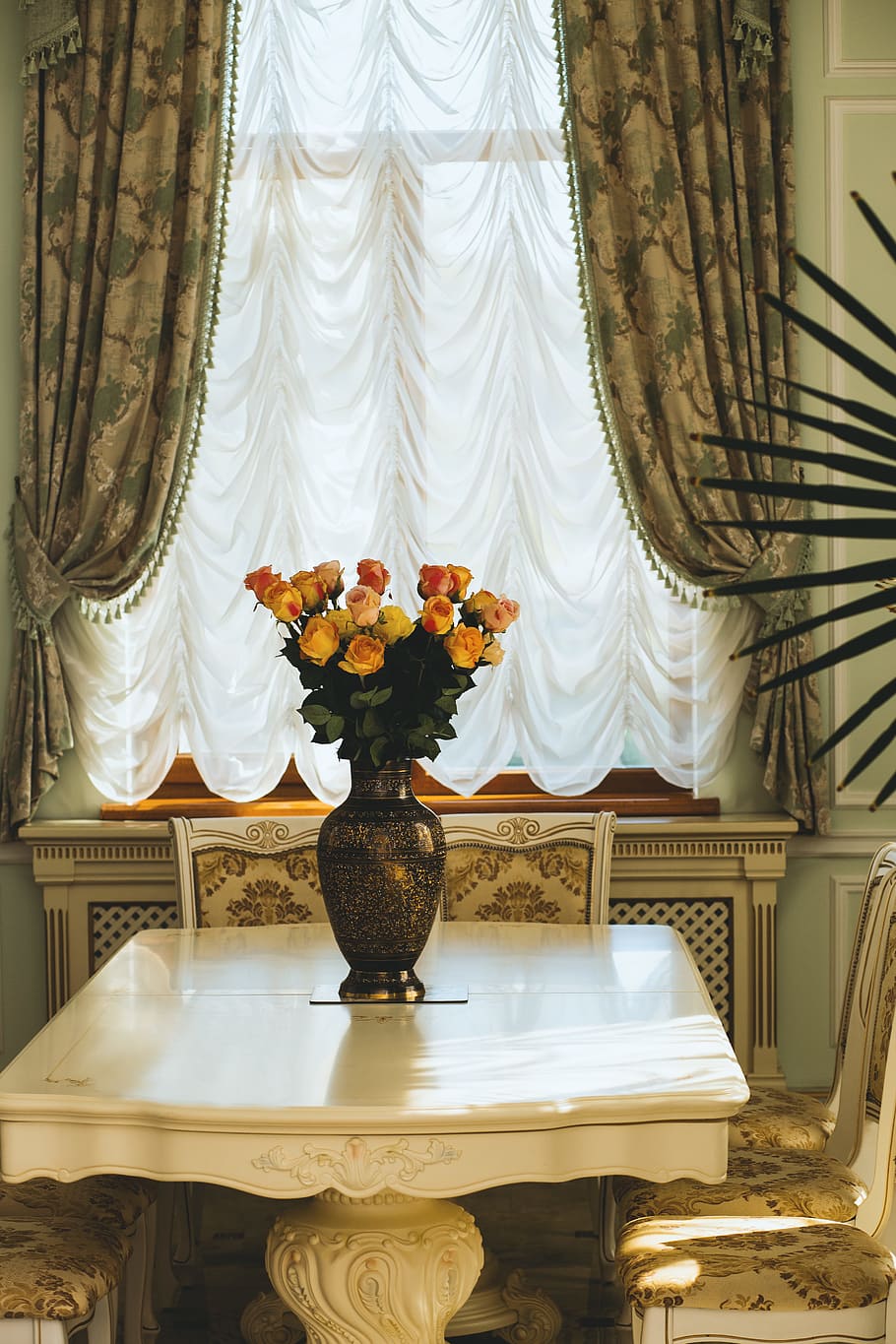 Table Beside Window Curtain, decor, decoration, dinning table HD wallpaper