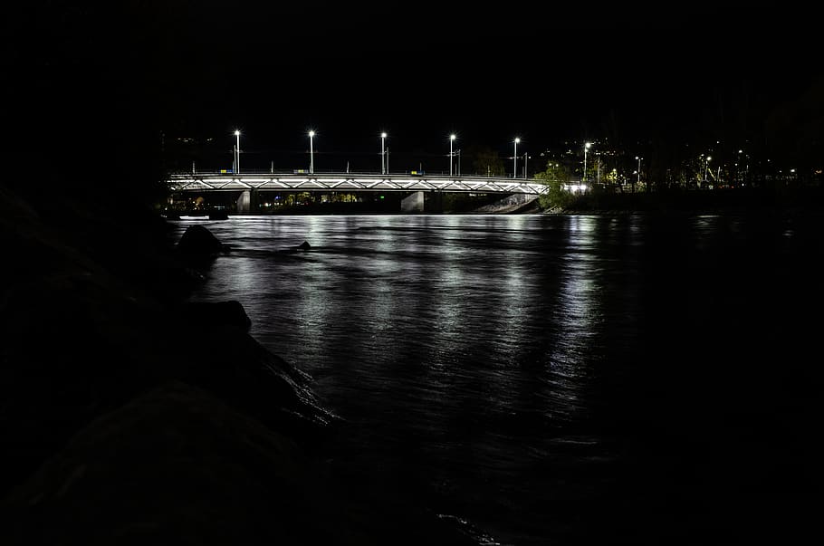 bridge, tram, overpass, river, night, reflection, water, illuminated HD wallpaper