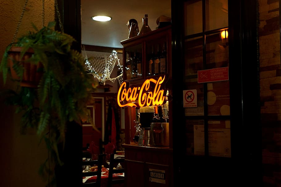 Lighted Coca-cola Signage, bar, indoors, neon light, neon sign