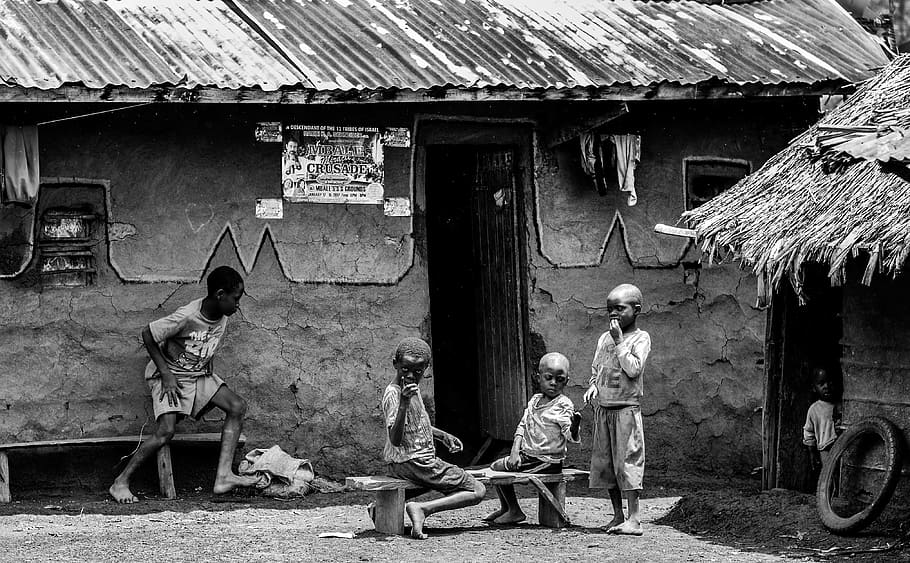 Greyscale Photo of Children in Front of a House at Daytime, boys HD wallpaper