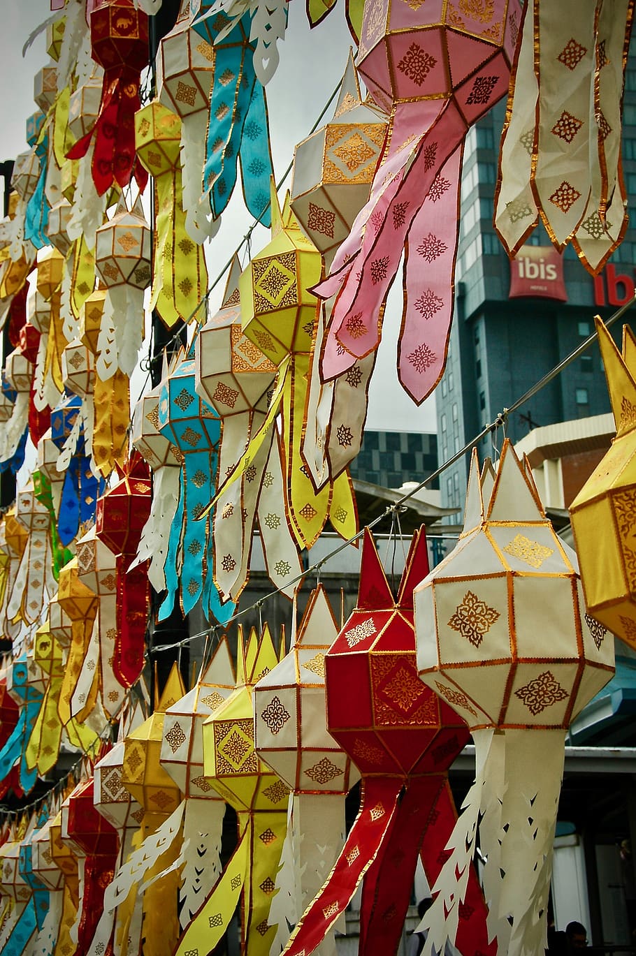 assorted-color paper lanterns, multi colored, hanging, no people HD wallpaper