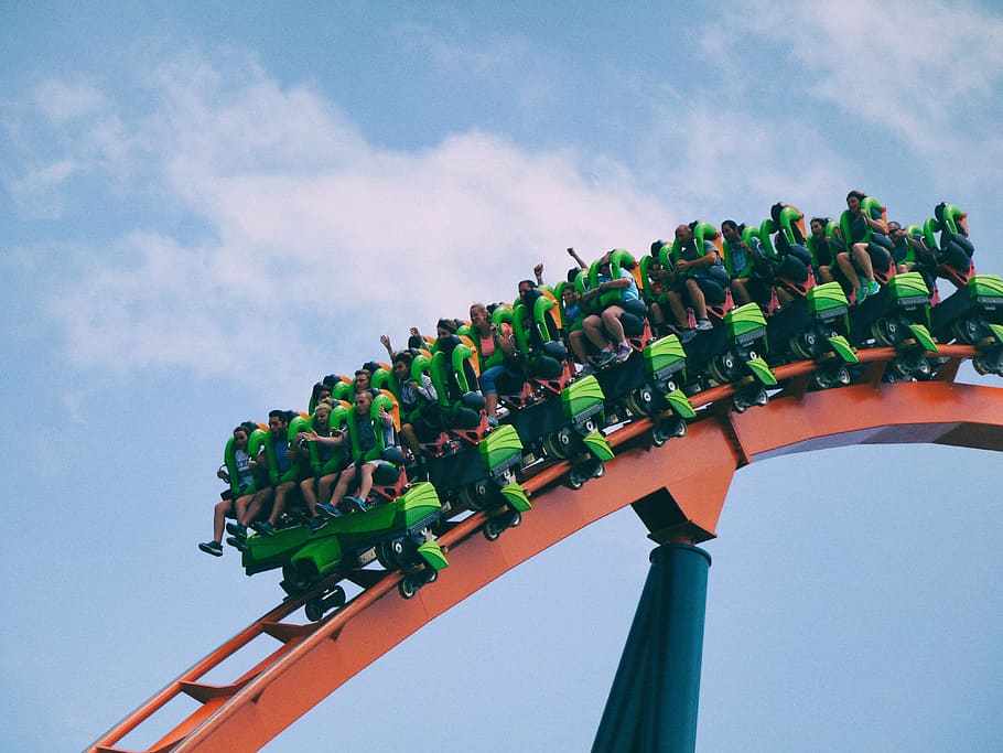 people riding on roller coaster, sky, low angle view, cloud - sky HD wallpaper