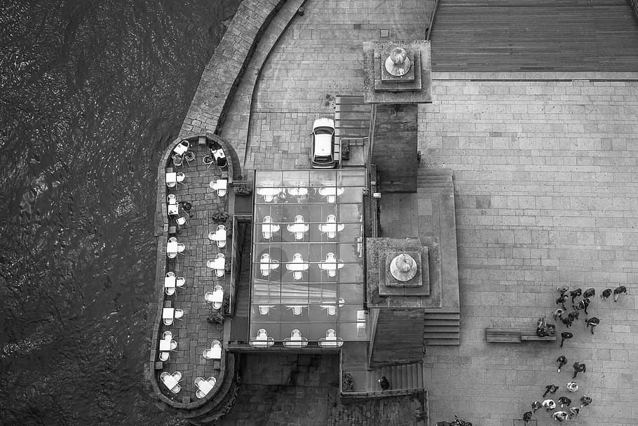 birds eye, monochrome, cafe, structure, water, concrete, porto HD wallpaper