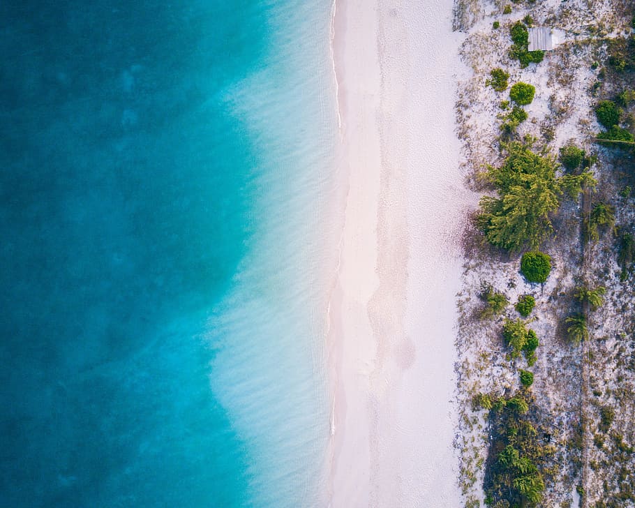 aerial photo of beach, ocean, sea, shore, blue, topdown, caribbean