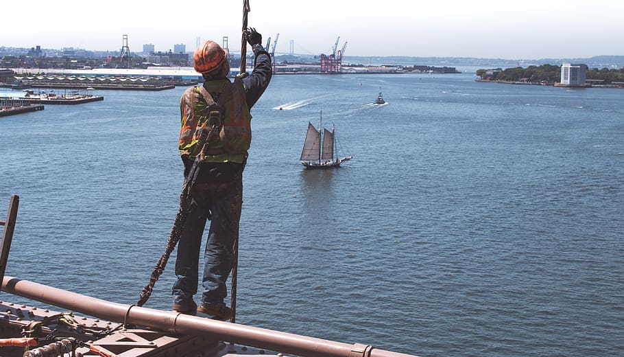 construction, worker, guy, man, people, bridge, water, industrial HD wallpaper