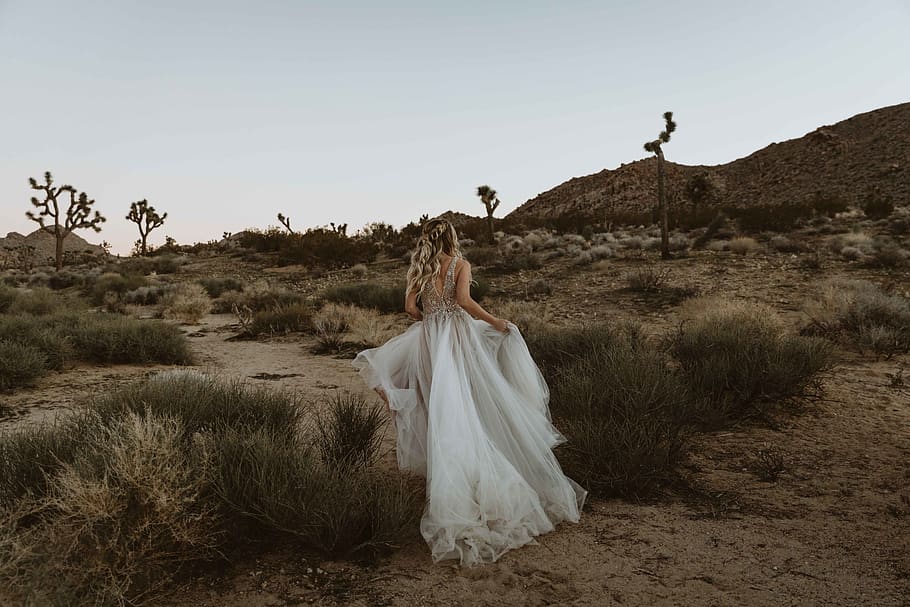 bride running at the desert, apparel, clothing, ground, robe HD wallpaper
