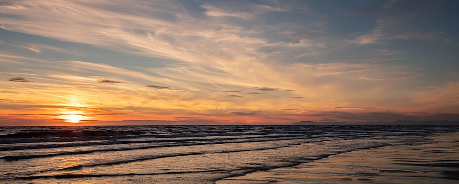 sunset, beach, sea, seaside, seascape, landscape, blackpool coast HD wallpaper