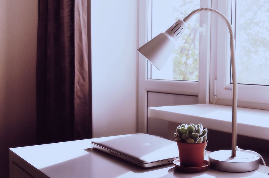 macbook, laptop, computer, desk, lamp, plant, pot, room, decor HD wallpaper