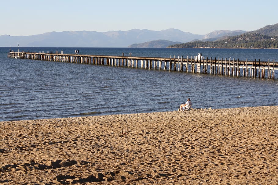 pier, lake, sand, bird, water, landscape, jetty, nature, sky HD wallpaper