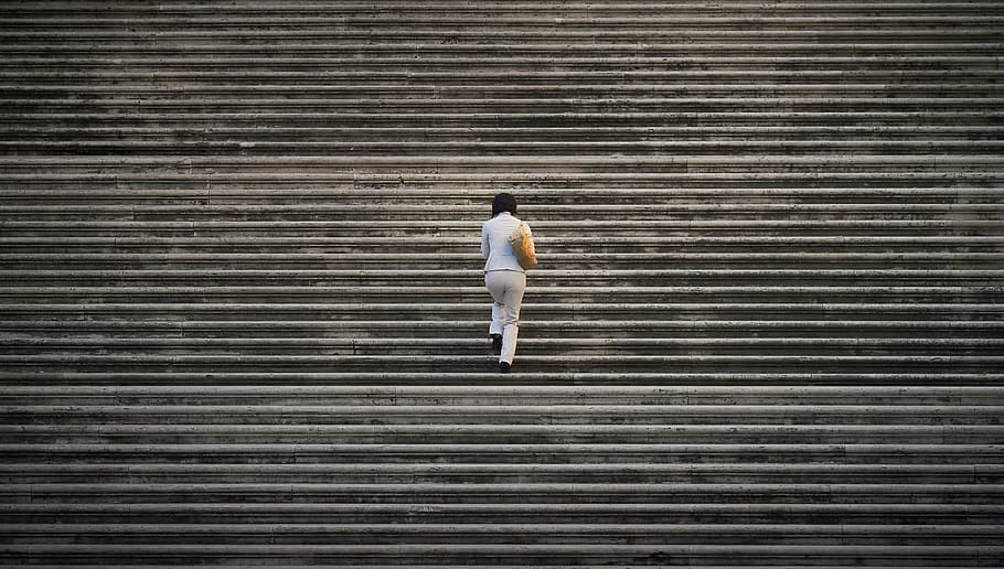 person in white suit walking on staircase, steps, stairway, solitude HD wallpaper