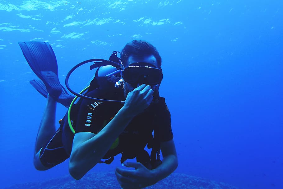 Scuba Diver, people, blue, divers, diving, sea, underwater, aquatic sport, HD wallpaper