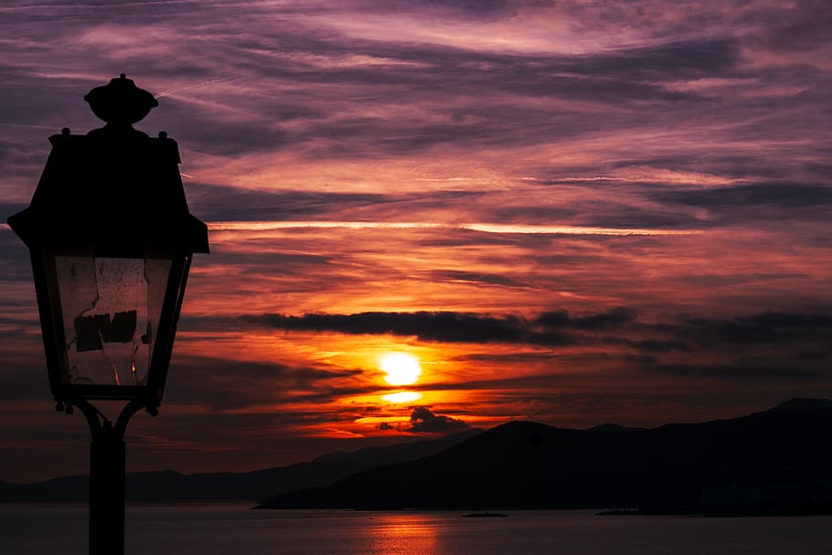 sunset, landscape, lamp, nature, sky, evening, clouds, scenic HD wallpaper