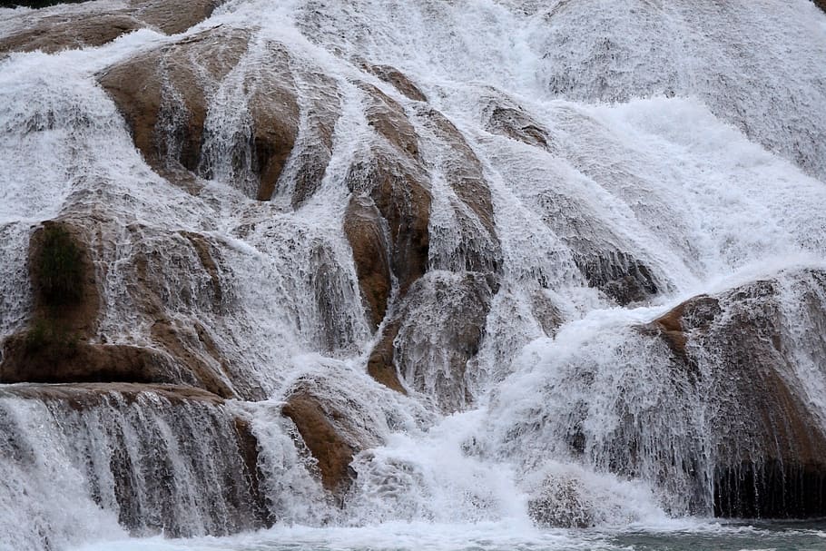 mexico, waterfall, motion, rock, beauty in nature, rock - object HD wallpaper