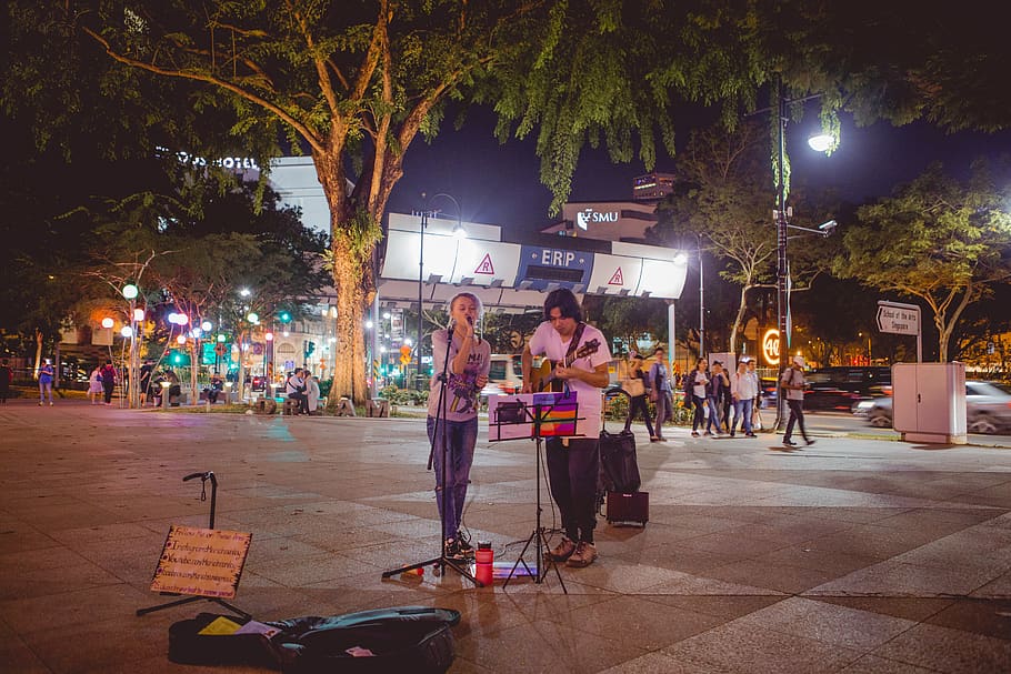 singapore, busker, town, city, cathay, dhoby ghaut, night, illuminated, HD wallpaper