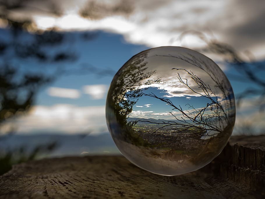 nature, landscape, glass ball, photography, clouds, bokeh, summer, HD wallpaper