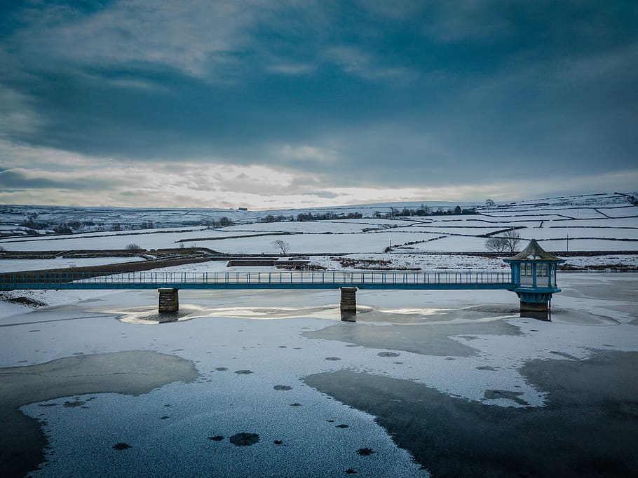 blue bridge under cloudy sky, nature, outdoors, ice, water, winter HD wallpaper