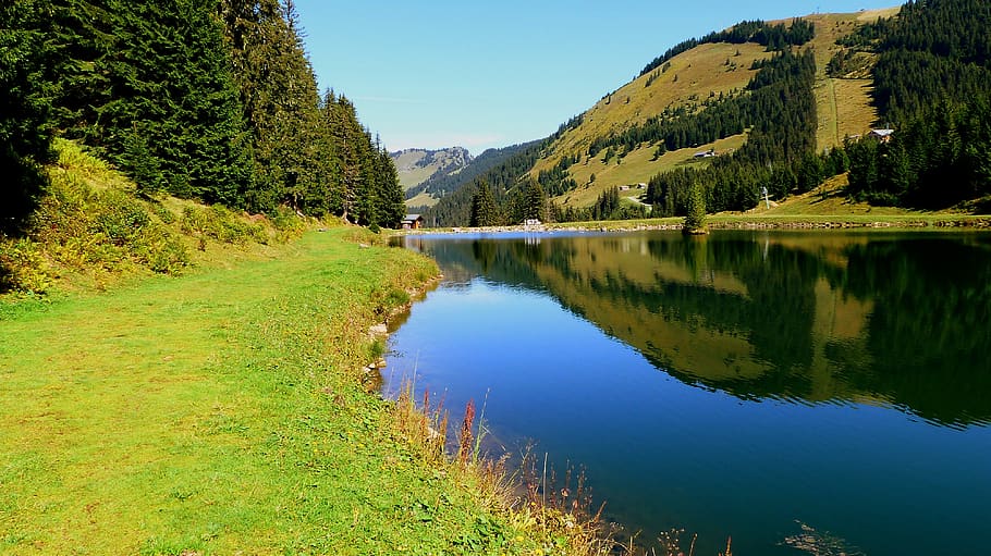 nature, alpine lake, reflection, landscape, mountains, sky HD wallpaper