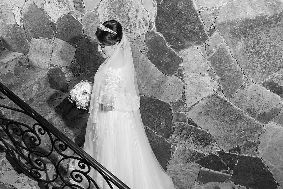 wedding, white, black, crown, flowers, dress, happy, bride HD wallpaper