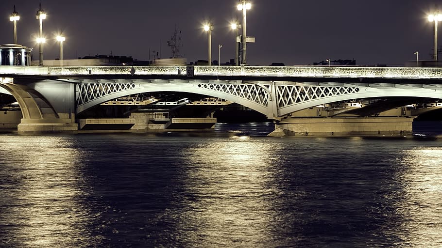 piter, bridge, water, lights, night, structure, connection, HD wallpaper