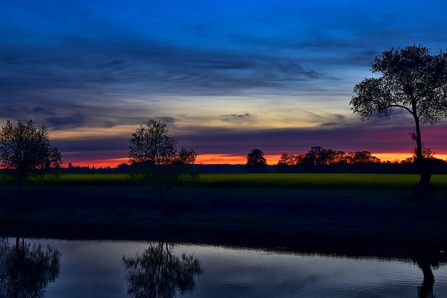 west, nature, landscape, evening, sky, twilight, water, tree HD wallpaper