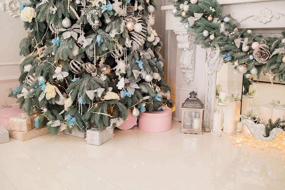 gray candle lantern beside Christmas tree, decoration, christmas decoration HD wallpaper