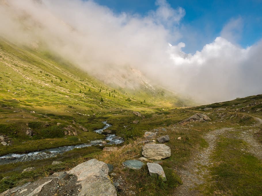 landscape, mountains, hiking, trail, morning mist, scenics - nature HD wallpaper