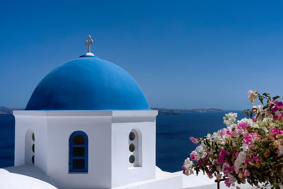 oia, greece, dome, blue, santorini, white, sea, flowers, church HD wallpaper