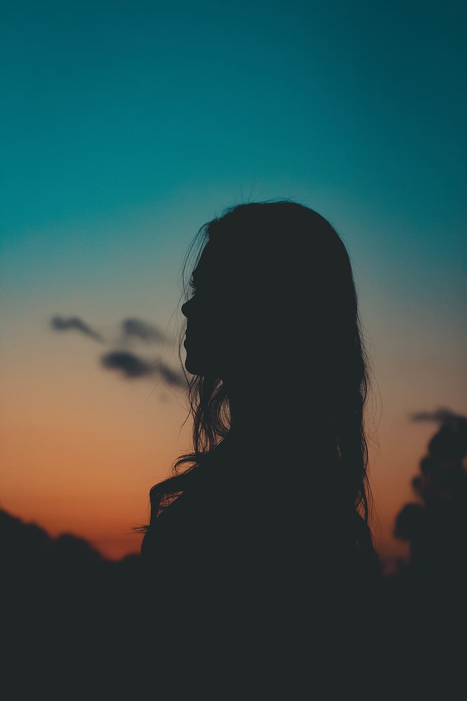 Silhouette of Woman Across Blue and Orange Sky, art, backlit HD wallpaper