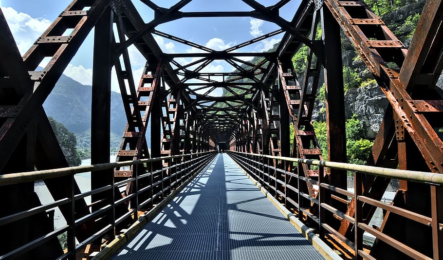 bridge, iron, rusty, cycle path, the alps, architecture, metal HD wallpaper