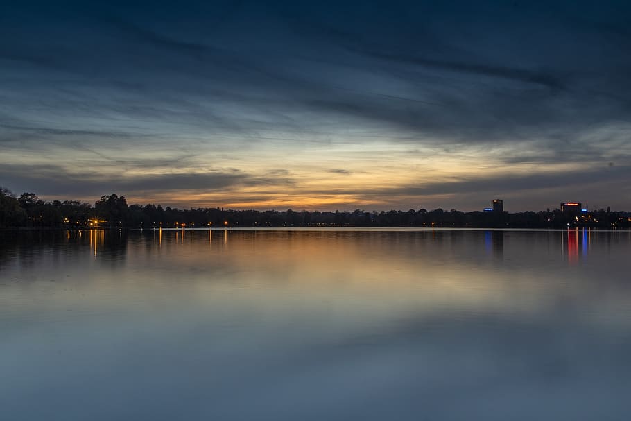 lake, sunset, twilight, blue, quiet, nice, rest, calm, decor HD wallpaper