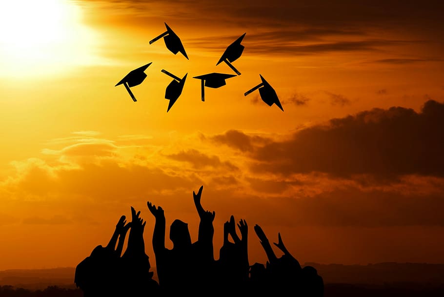 Caps fly into the air after graduation from high school, college or vocational school., HD wallpaper