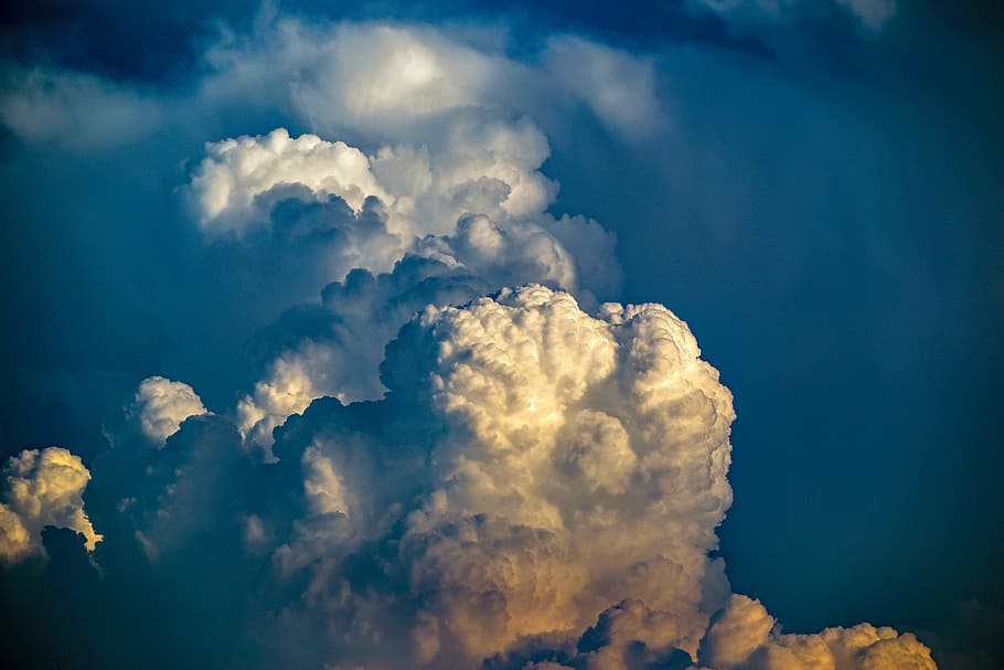 white cumulus clouds on blue sky, cloudscape, storm cloud, sunset HD wallpaper